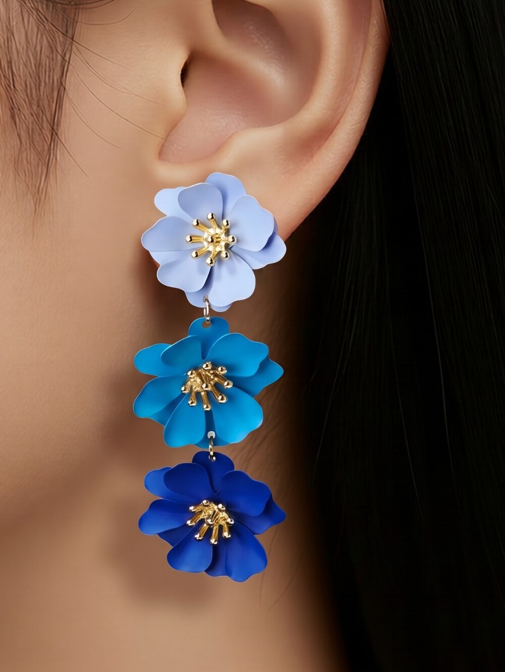 Blue Poppy Flower Earrings Triple Bloom Statement Dangles Boho Glam Coastal Chic
